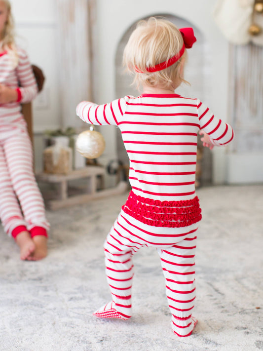 Baby Girls Red & White Stripe Modal Footed Ruffle One Piece Pajama